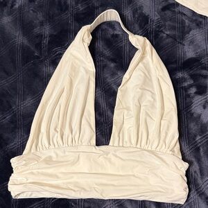 Princess Polly Cream Halter V-Neck Crop Top